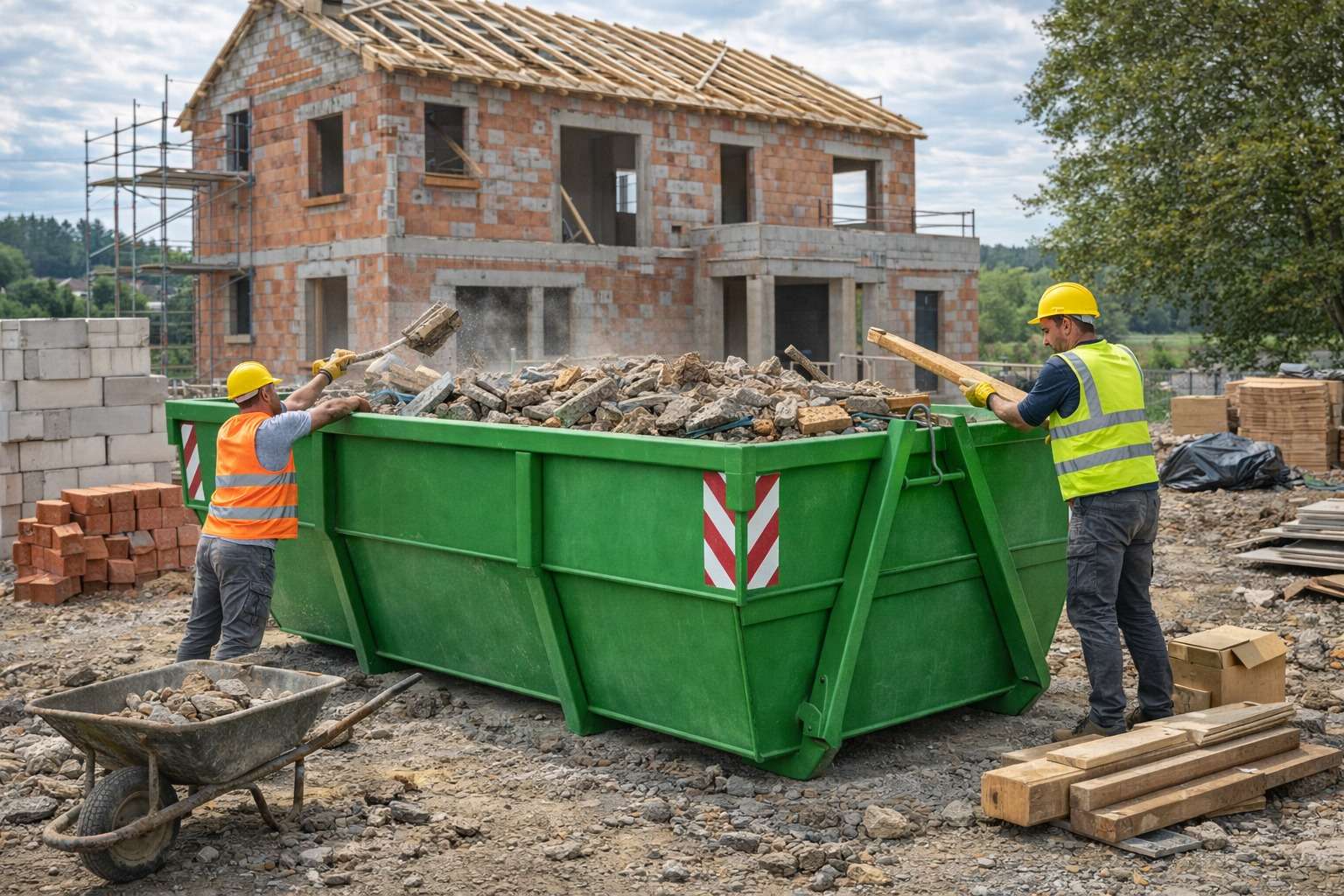 Benne verte au milieu d'un chantier de construction d'une maison