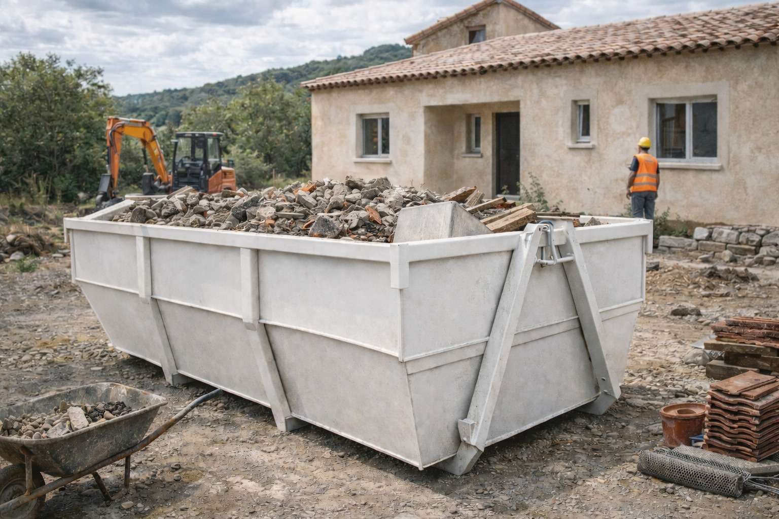 Benne de chantier sur un terrain d'une maison en construction au sud de Lyon