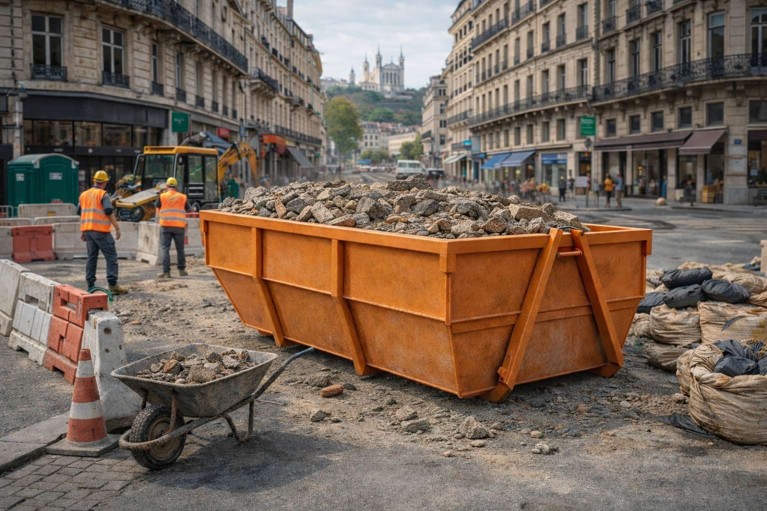 Benne de chantier dans le centre ville de Lyon avec des ouvriers autour